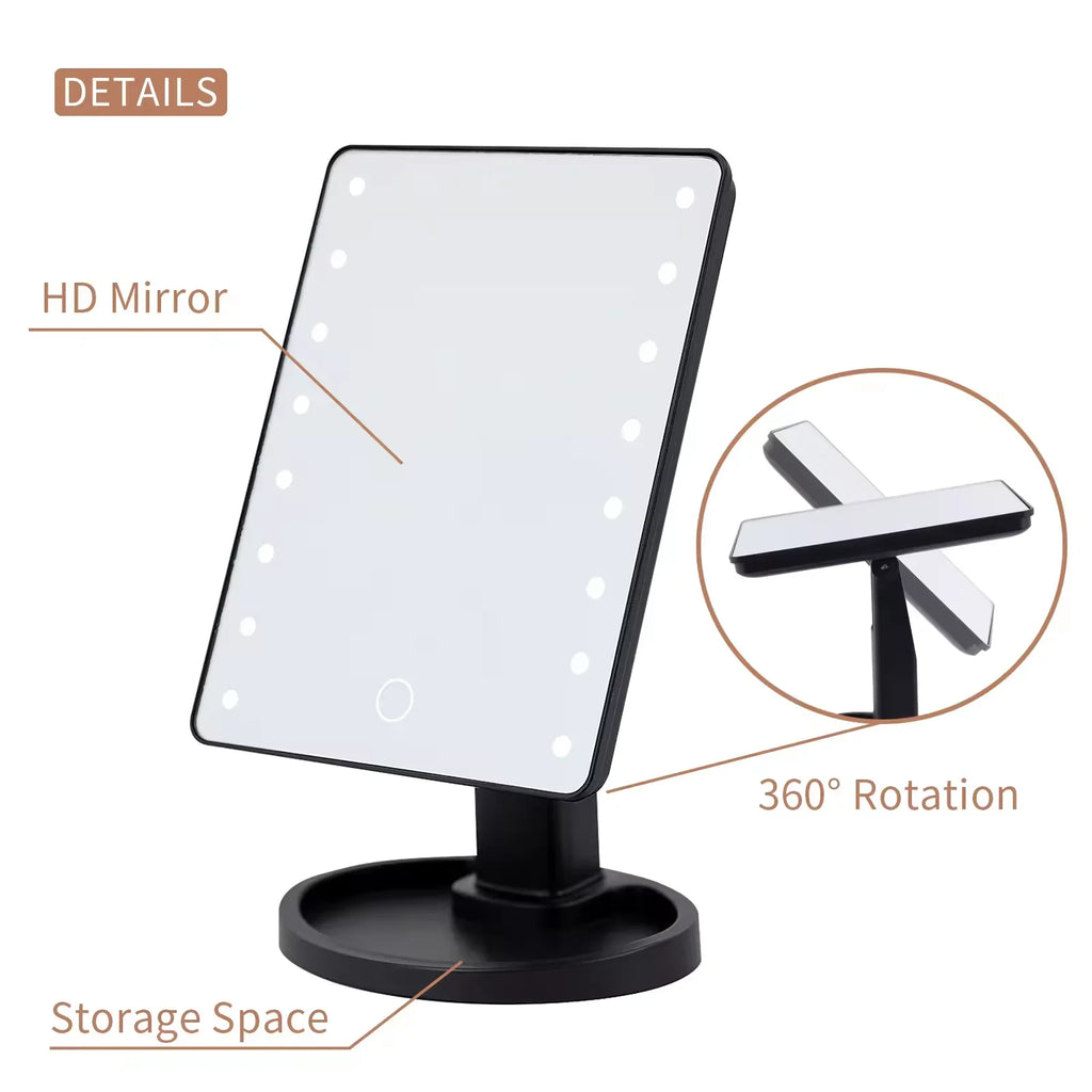 Square Vanity Lighted Makeup Mirror with Adjustable LED Lights and Organizer Stand for Cosmetic, Bedroom and Bathroom