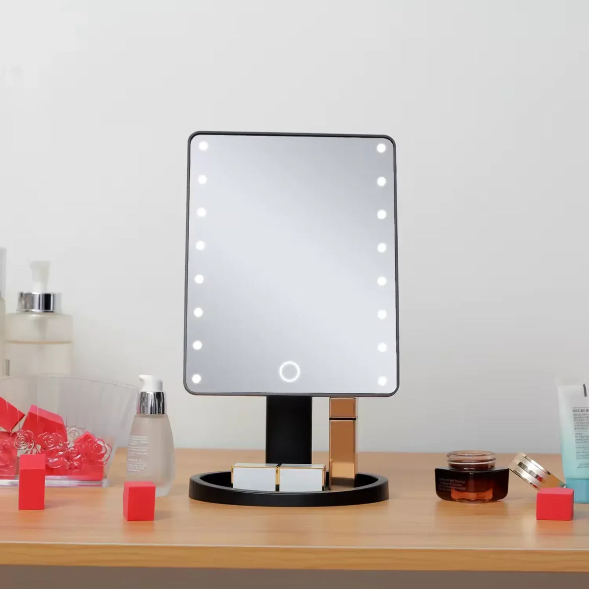 Square Vanity Lighted Makeup Mirror with Adjustable LED Lights and Organizer Stand for Cosmetic, Bedroom and Bathroom