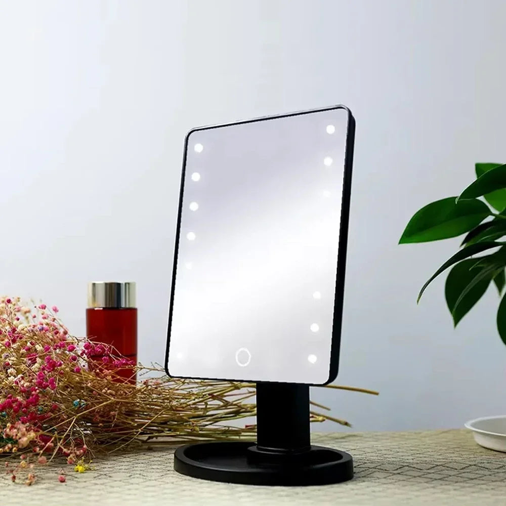 Square Vanity Lighted Makeup Mirror with Adjustable LED Lights and Organizer Stand for Cosmetic, Bedroom and Bathroom