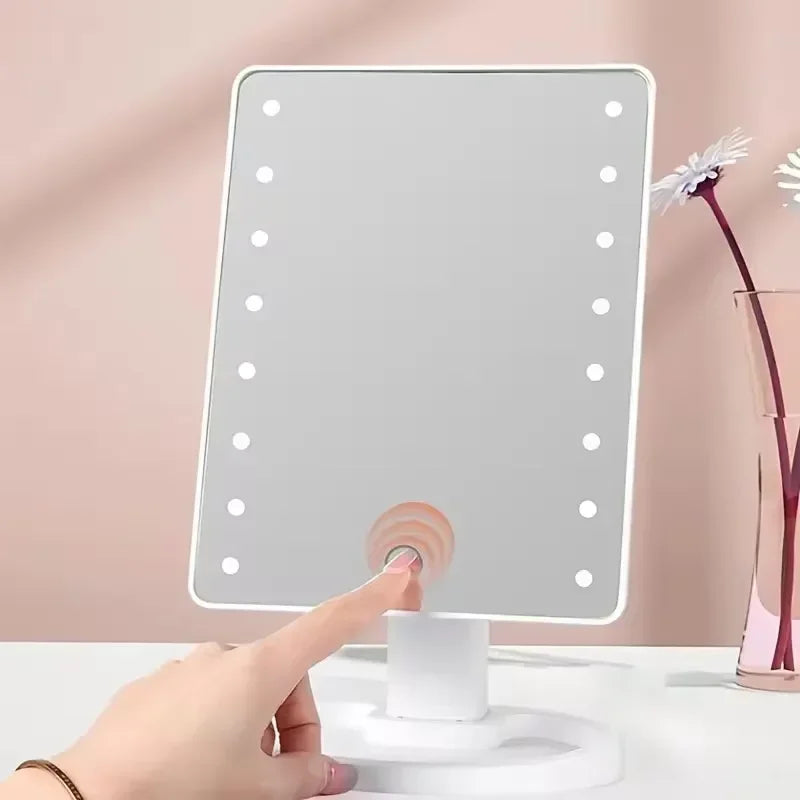 Square Vanity Lighted Makeup Mirror with Adjustable LED Lights and Organizer Stand for Cosmetic, Bedroom and Bathroom