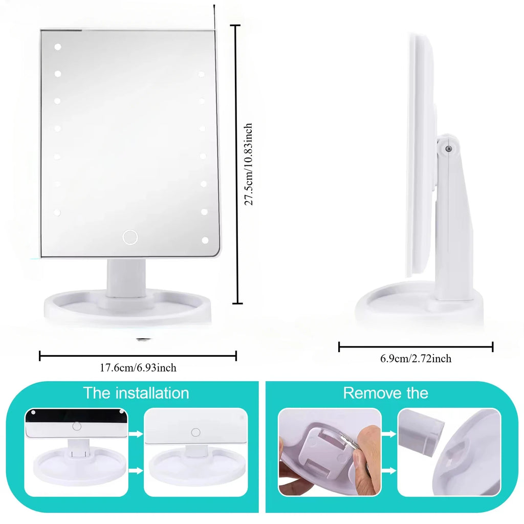 Square Vanity Lighted Makeup Mirror with Adjustable LED Lights and Organizer Stand for Cosmetic, Bedroom and Bathroom